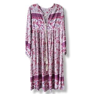 Anthro Vivimos Pink White Floral Midi Dress S Gypsy Hippie Boho Resort Vacation